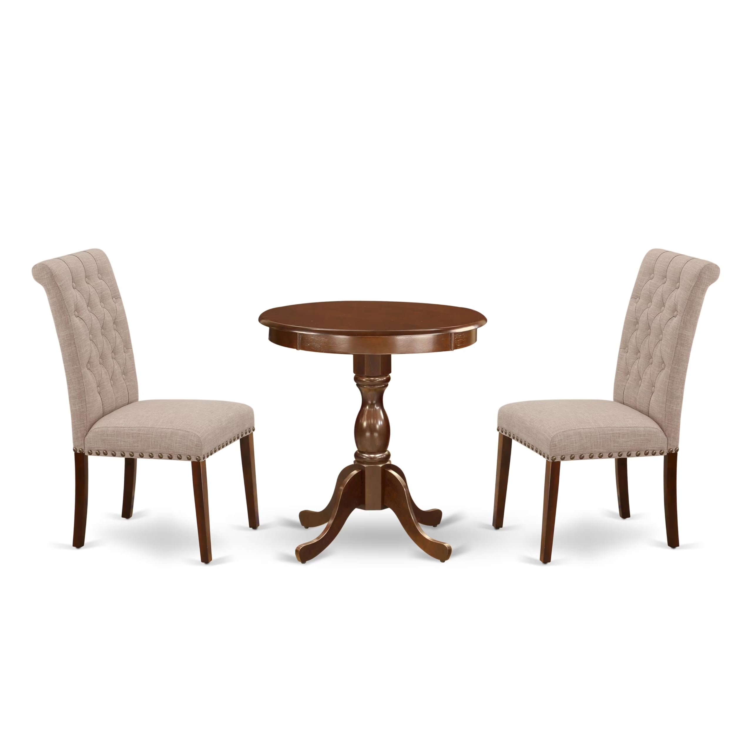 East West Furniture Esbr3-Mah-04 3 Piece Modern Dining Table Set Contains A Round Wooden Table With Pedestal And 2 Light Tan Linen Fabric Parson Dining Chairs, 30X30 Inch, Mahogany